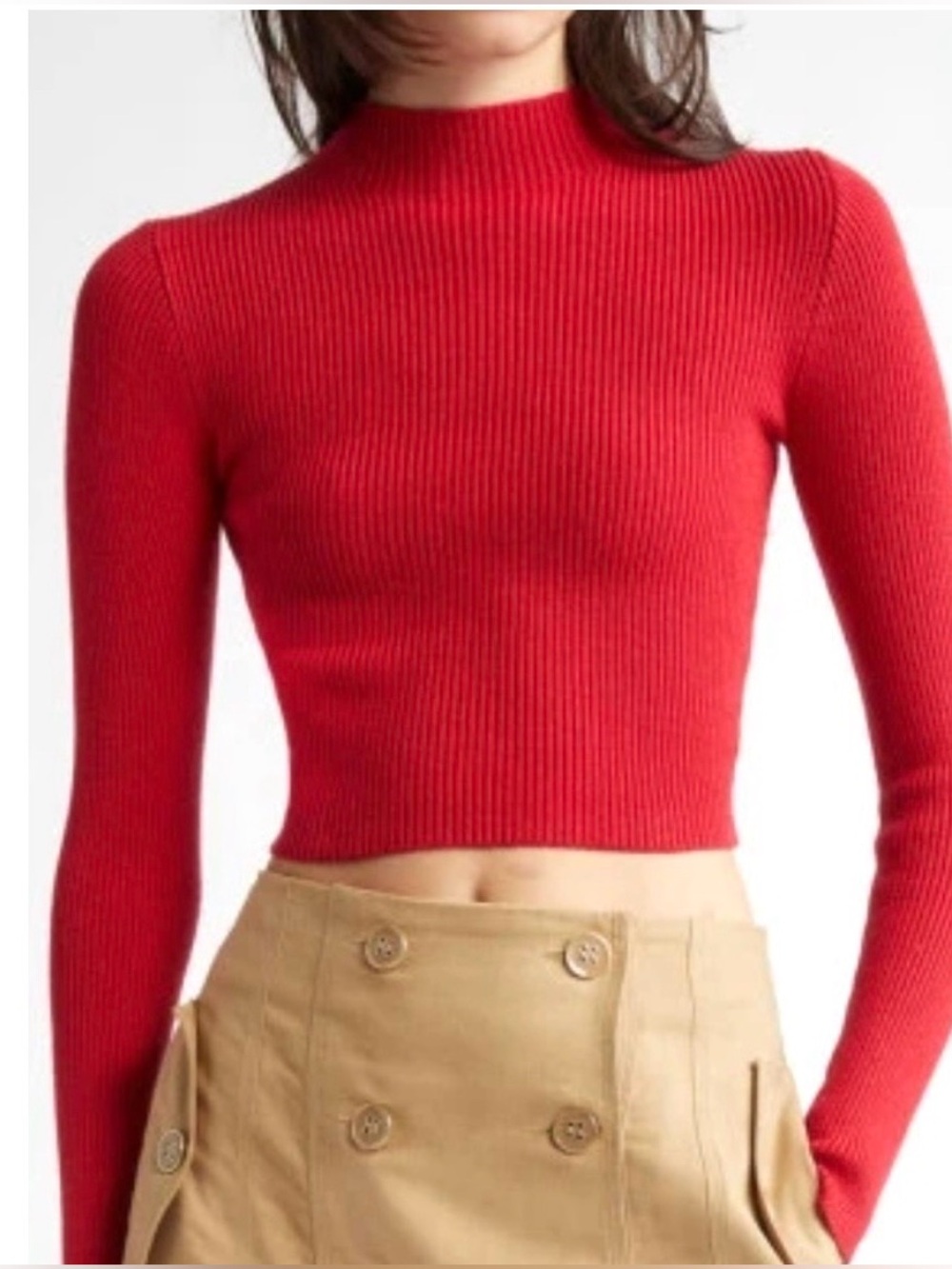 FARM Rio Red Ribbed Long-Sleeve Crop Top